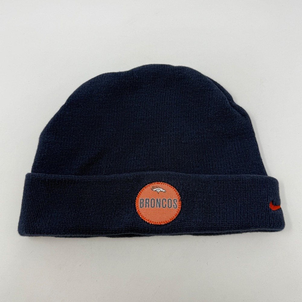 Vtg Y2K Denver Broncos Nike Navy Blue Cuffed Beanie Hat NFL 100% Cotton One Size